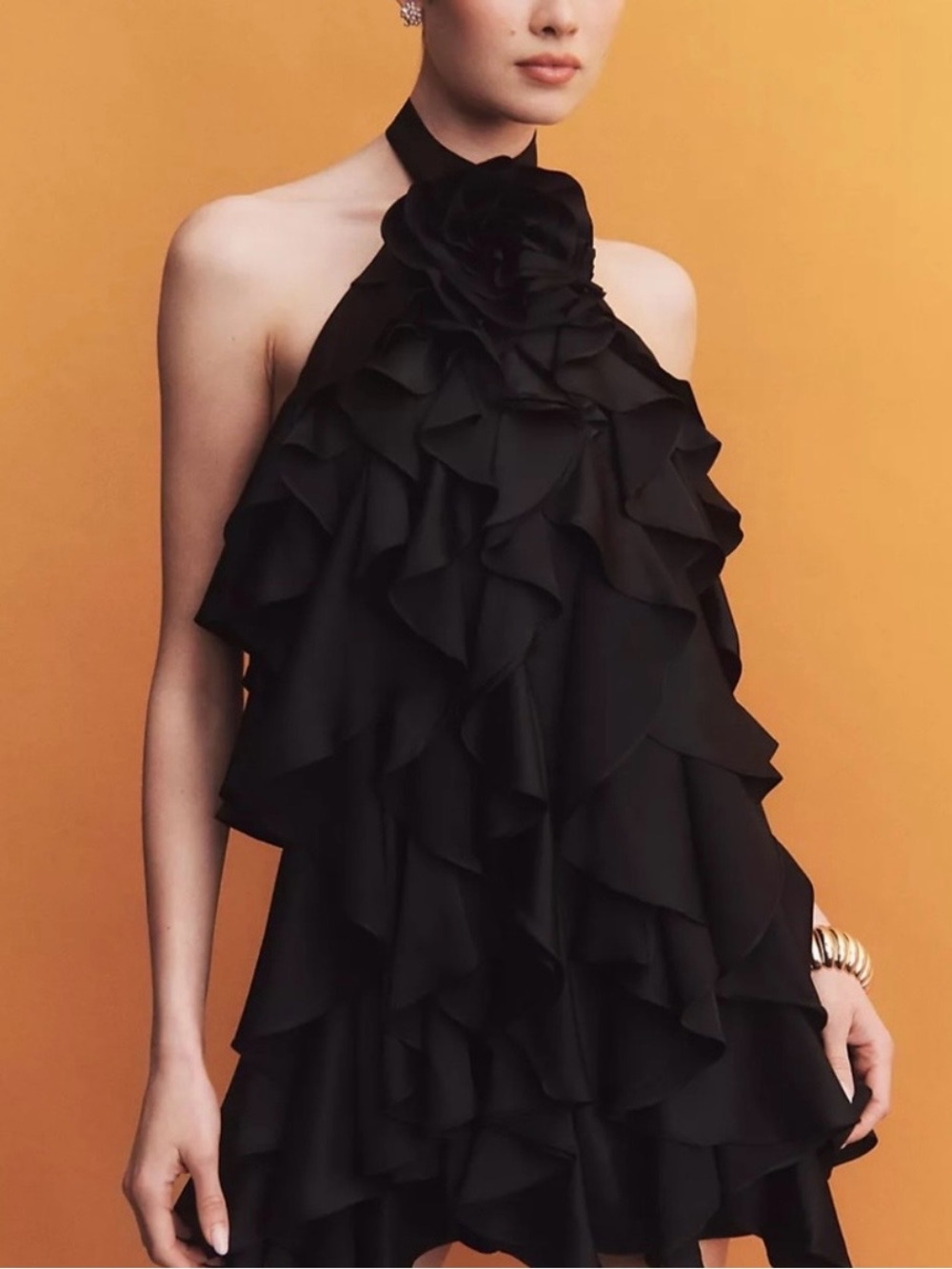 BHLDN Black Halter Ruffle Mini Dress by Anthropologie.